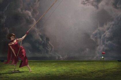 `RAYE pulling a rope against storm clouds, 'This Music May Contain Hope' (2026)`