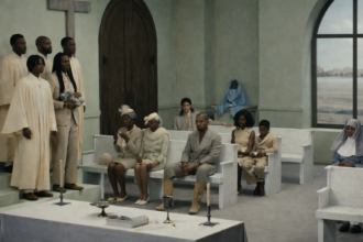 Ye sits in a church pew surrounded by congregation members in cream and white attire in the 'Father' music video