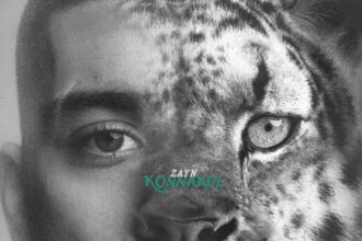 Black-and-white album cover for Zayn's 'Konnakol' blending his face with a snow leopard.