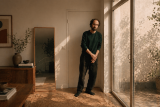A candid indoor portrait of Thomas Bangalter standing by a sunlit window, dressed casually in a dark sweater and loose trousers, surrounded by warm wooden textures and soft natural light.