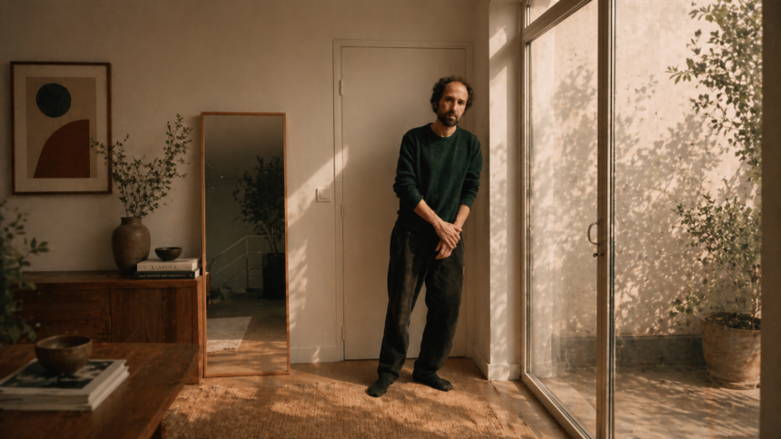 A candid indoor portrait of Thomas Bangalter standing by a sunlit window, dressed casually in a dark sweater and loose trousers, surrounded by warm wooden textures and soft natural light.