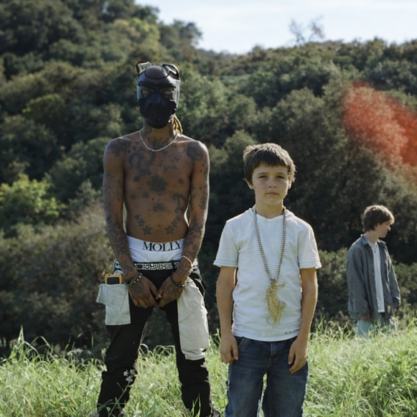 A shirtless tattooed person in a mask stands beside a young boy on a grassy hillside, with a third figure visible in the background.