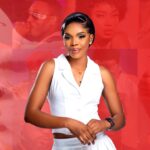 A young woman in a white sleeveless outfit stands confidently against a bold red collage background featuring multiple music artist portraits, representing African music culture.