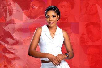 A young woman in a white sleeveless outfit stands confidently against a bold red collage background featuring multiple music artist portraits, representing African music culture.