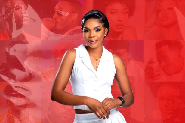A young woman in a white sleeveless outfit stands confidently against a bold red collage background featuring multiple music artist portraits, representing African music culture.