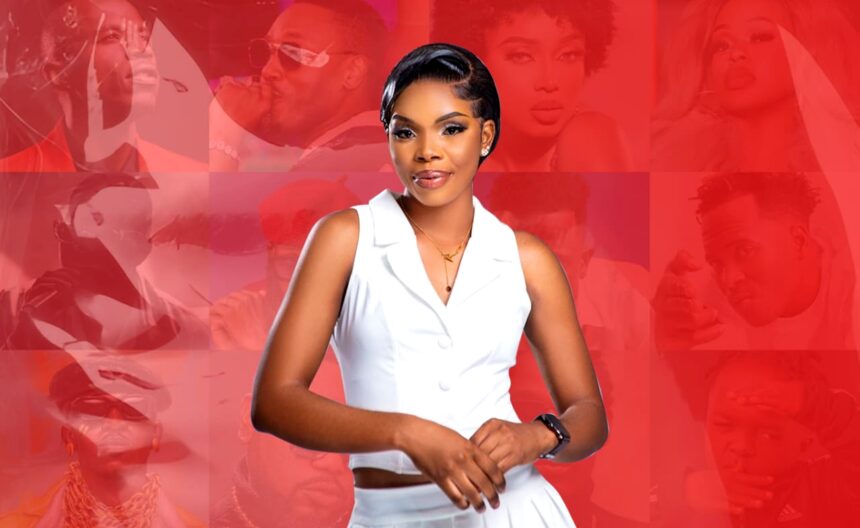 A young woman in a white sleeveless outfit stands confidently against a bold red collage background featuring multiple music artist portraits, representing African music culture.