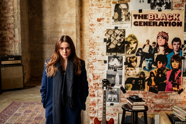 Belle Blue stands in a brick-walled studio space surrounded by vintage rock posters, a guitar, vinyl records, and a Marshall amp, wearing a navy coat and grey scarf.