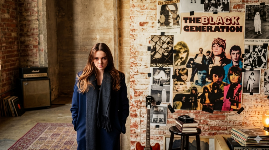 Belle Blue stands in a brick-walled studio space surrounded by vintage rock posters, a guitar, vinyl records, and a Marshall amp, wearing a navy coat and grey scarf.