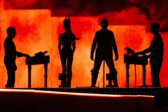 Nine Inch Noize performing live at Coachella 2026, four silhouettes against a blood-red smoke-filled stage