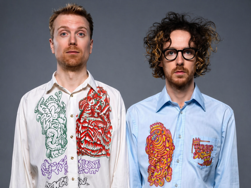 Ciao Lucifer duo posing in psychedelic illustrated shirts against a gray background - LateTown