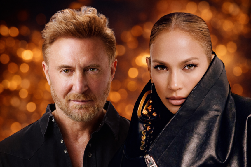 David Guetta and Jennifer Lopez pose together against a warm golden bokeh background, both dressed in black, for their collaborative single Save Me Tonight