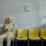 `Gia Ford seated alone in a waiting room among yellow chairs, arms crossed, capturing the glum and unmoored mood of her new single 'I Guess My Time Has Come'.`