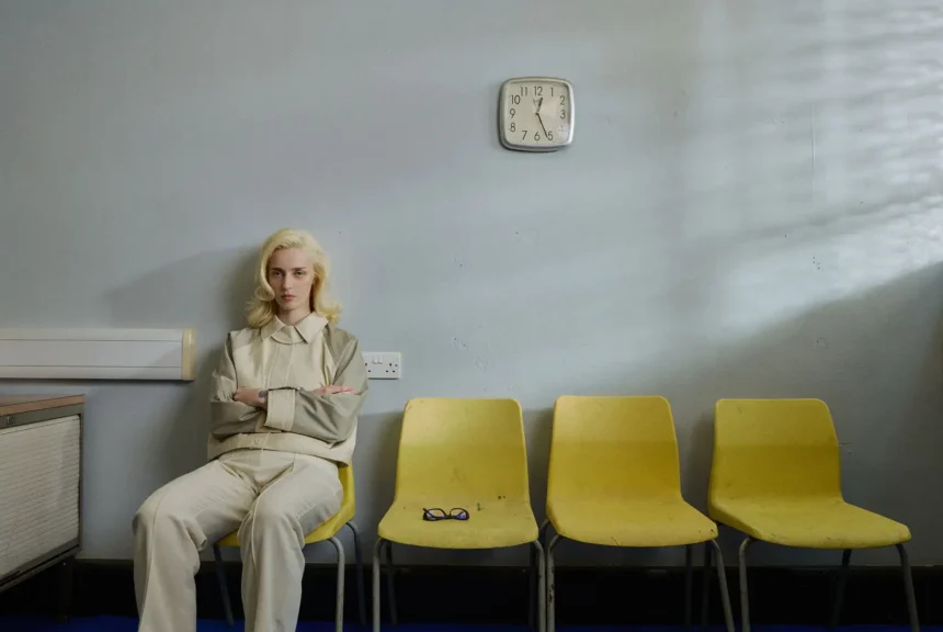 `Gia Ford seated alone in a waiting room among yellow chairs, arms crossed, capturing the glum and unmoored mood of her new single 'I Guess My Time Has Come'.`