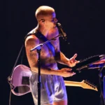 Justin Bieber performing shirtless at the 2026 Grammy Awards promoting his Swag album ahead of Coachella 2026