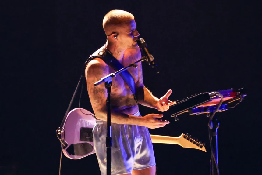 Justin Bieber performing shirtless at the 2026 Grammy Awards promoting his Swag album ahead of Coachella 2026