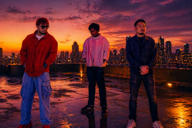 Short Alt Text (SEO-optimized): Legacy III Singapore R&B trio posing on a rooftop at sunset with a city skyline in the background