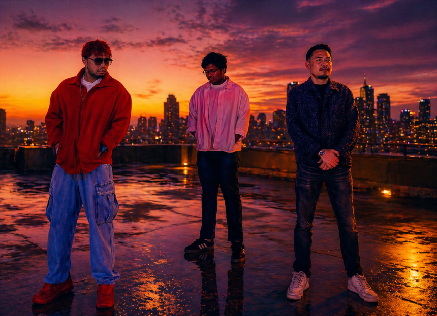 Short Alt Text (SEO-optimized): Legacy III Singapore R&B trio posing on a rooftop at sunset with a city skyline in the background