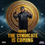 MVSA standing in front of a gold medallion crest announcing The Syndicate Is Coming, a Culture Syndicate launch campaign by Memra Media Group