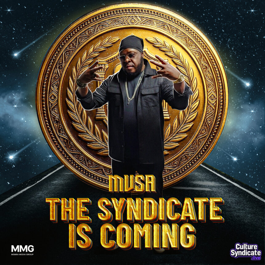 MVSA standing in front of a gold medallion crest announcing The Syndicate Is Coming, a Culture Syndicate launch campaign by Memra Media Group