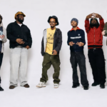 Six musicians pose against a white studio backdrop for the Earl Sweatshirt and Mike x Surf Gang collaborative project Pompeii Utility.
