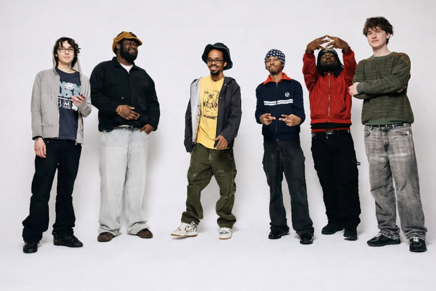 Six musicians pose against a white studio backdrop for the Earl Sweatshirt and Mike x Surf Gang collaborative project Pompeii Utility.