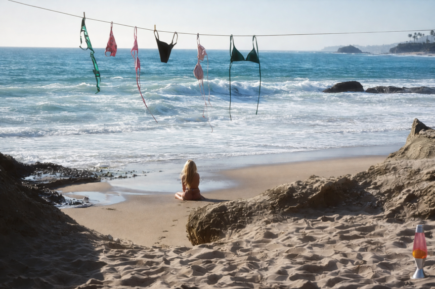 Woman sitting on SoCal beach with bikinis hanging on a clothesline by the ocean