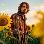 `Kevin Morby standing in a sunflower field wearing a fringed Americana-style jacket with stars and stripes, photographed for his 'Little Wide Open' album campaign.`