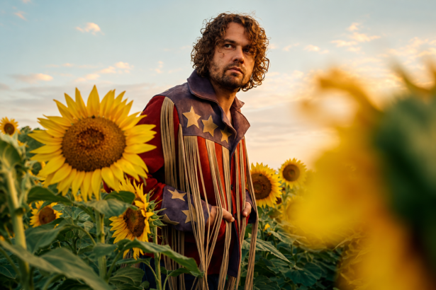 `Kevin Morby standing in a sunflower field wearing a fringed Americana-style jacket with stars and stripes, photographed for his 'Little Wide Open' album campaign.`