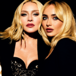 Madonna and Sabrina Carpenter pose together in black outfits against a dark background, both with blonde hair and bold makeup, for the 'Bring Your Love' single artwork