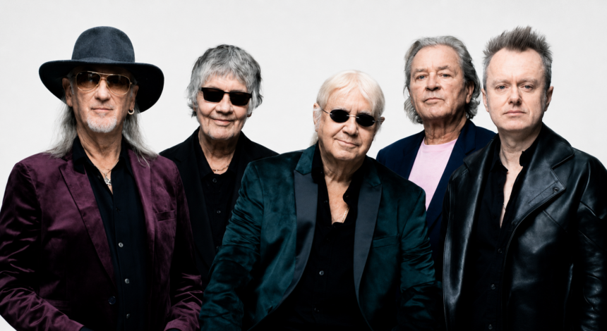Deep Purple official press photo for 'Splat!' — five band members posed against a white studio background, wearing dark blazers and sunglasses