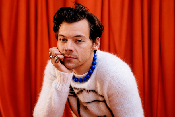 Harry Styles poses against a red curtain backdrop wearing a white fuzzy striped sweater, bold blue beaded necklace, and stacked gold rings, resting his chin on his hand