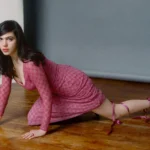 Julia Cumming in a pink lace mini dress, posing on a hardwood floor. Photo by Marcus Maddox
