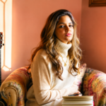 Official single artwork for Tasha Keswani's 'Hello Stranger Hello,' featuring the Bangalore singer-songwriter seated on a vintage sofa with a guitar in the background.`