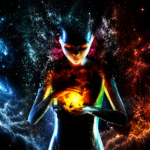 Cosmic goddess cradling a blazing fireball with glowing eyes amid a starfield of fire and ice energy — DigitalGod.US