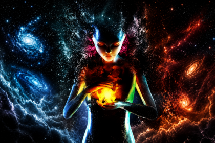 Cosmic goddess cradling a blazing fireball with glowing eyes amid a starfield of fire and ice energy — DigitalGod.US