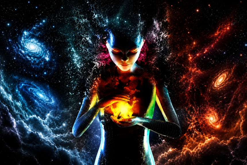 Cosmic goddess cradling a blazing fireball with glowing eyes amid a starfield of fire and ice energy — DigitalGod.US
