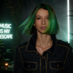 Miss Monique poses in a moody studio setting with green-highlighted hair, surrounded by tropical plants, candlelight, and DJ equipment.