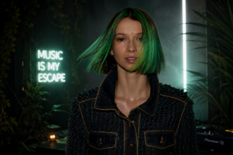 Miss Monique poses in a moody studio setting with green-highlighted hair, surrounded by tropical plants, candlelight, and DJ equipment.