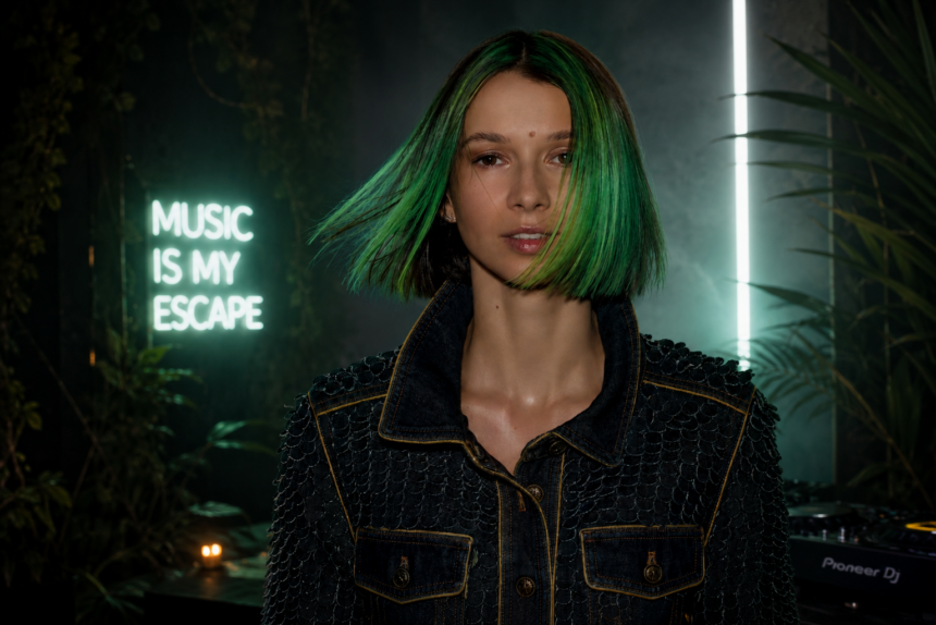 Miss Monique poses in a moody studio setting with green-highlighted hair, surrounded by tropical plants, candlelight, and DJ equipment.