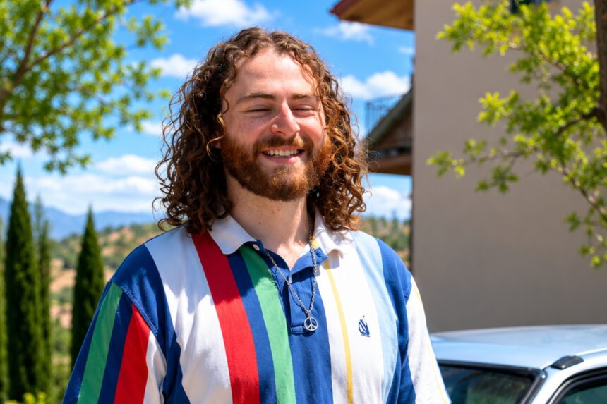 Noah Jesse smiling outdoors beside a light blue car on a sunny day.
