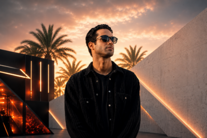 Saraga stands confidently in a modern sunset setting, showcasing his signature EDM artist style.