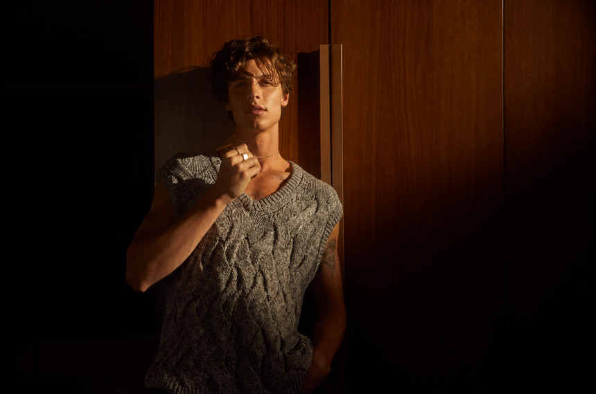 Shawn Mendes in a gray knit sweater, lit by warm golden light against dark wood panels.