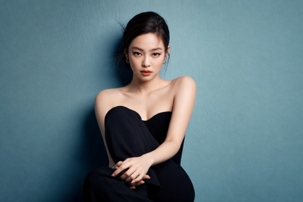 Blackpink's Jennie in a black strapless dress, promoting her single Less Than a Lover