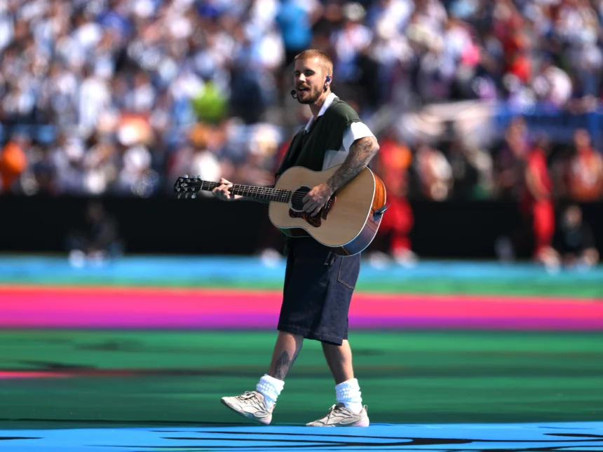 Justin Bieber performs Everything Hallelujah with an acoustic guitar during the 2026 FIFA World Cup final halftime show