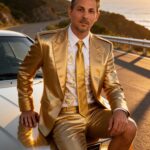 Portrait of musician jMichaelMusiccc in a gold suit and tie, seated on a white car along a coastal highway at sunset.