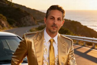 Portrait of musician jMichaelMusiccc in a gold suit and tie, seated on a white car along a coastal highway at sunset.