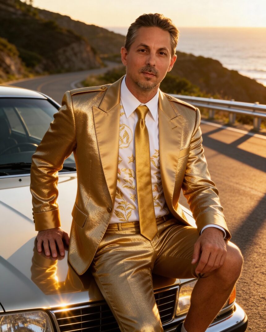 Portrait of musician jMichaelMusiccc in a gold suit and tie, seated on a white car along a coastal highway at sunset.