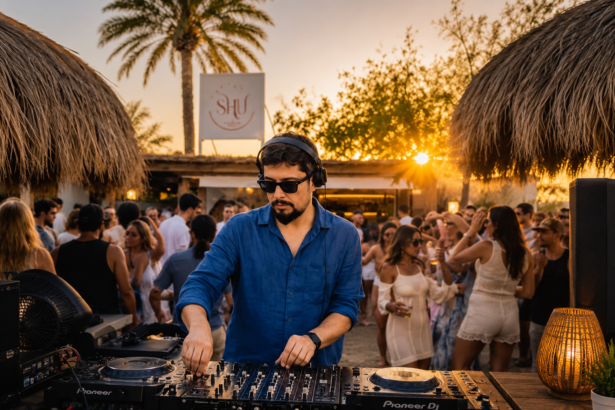 Ron Morven DJs a golden hour set at SHU Ibiza beach club, the Talamanca venue behind his single Meet Me at Shu Ibiza