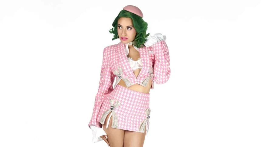 Slay Raché poses in a pink houndstooth suit and green wig against a white background