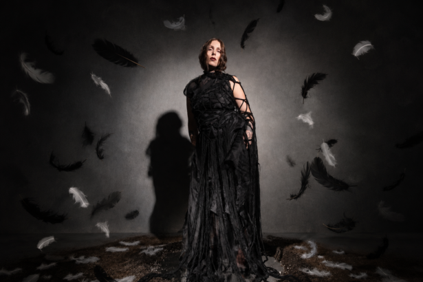 Chelsea Wolfe stands in a dramatic black draped and woven gown under moody lighting, casting a long shadow, in press art for her ninth album 'The Dark.'